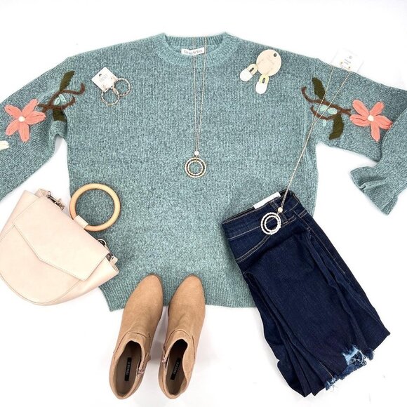 See and Be Seen Floral Days Soft As Cashmere Embroidered Sweater in Mint - Picture 3 of 3